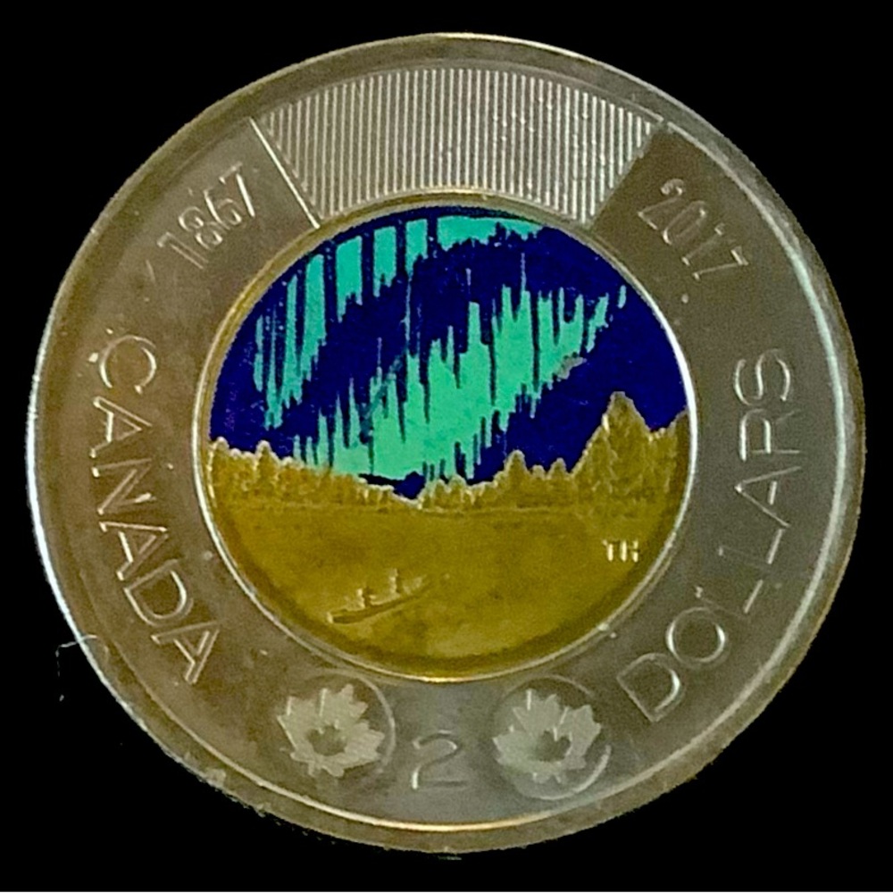 Canada 2 Dollar Coin with Northern Lights Design Glows in the dark